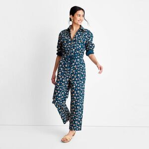 Women's Floral Print Long Sleeve Zip-Front Denim Boilersuit Target